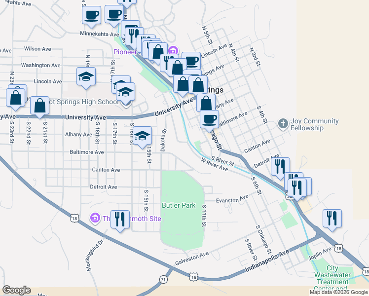 map of restaurants, bars, coffee shops, grocery stores, and more near 200 South Garden Street in Hot Springs