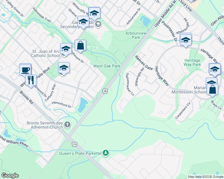 map of restaurants, bars, coffee shops, grocery stores, and more near in Oakville