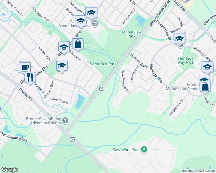 map of restaurants, bars, coffee shops, grocery stores, and more near 2300 Upper Middle Road West in Oakville