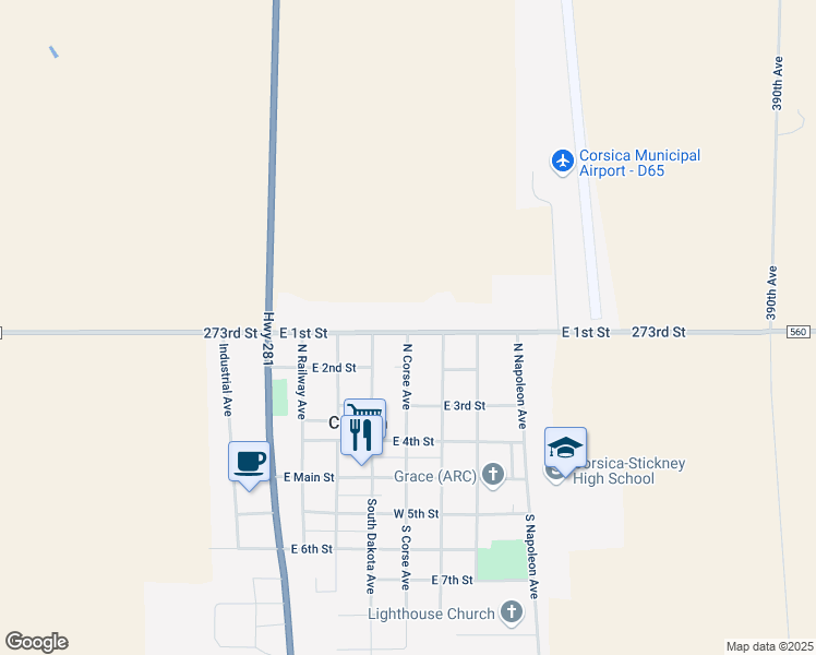 map of restaurants, bars, coffee shops, grocery stores, and more near 400 East 1st Street in Corsica