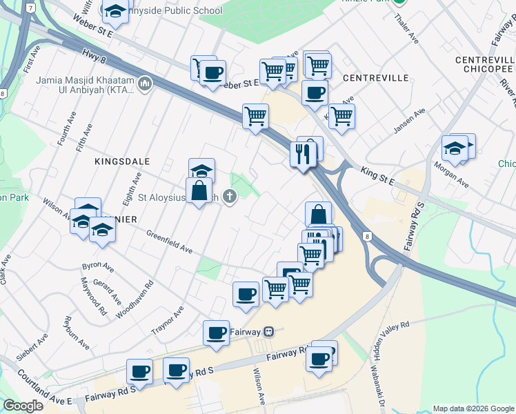 map of restaurants, bars, coffee shops, grocery stores, and more near 229 Cedarwoods Crescent in Kitchener