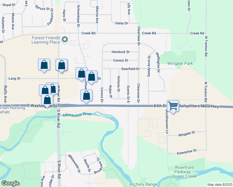 map of restaurants, bars, coffee shops, grocery stores, and more near 504 Victoria Street in West Bend
