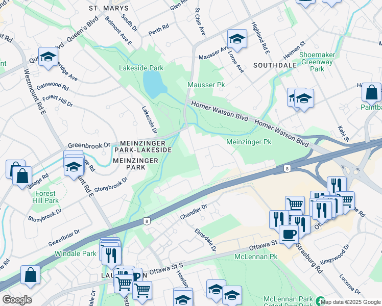 map of restaurants, bars, coffee shops, grocery stores, and more near 786 Stirling Avenue South in Kitchener