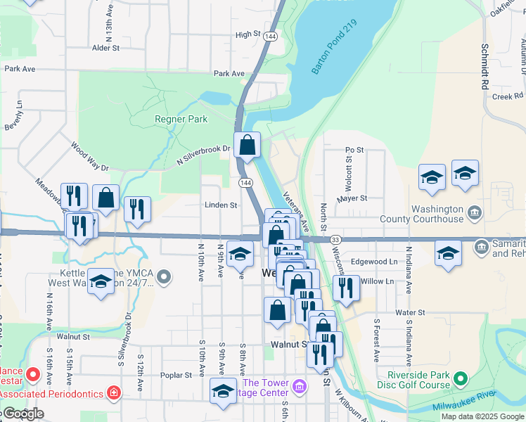 map of restaurants, bars, coffee shops, grocery stores, and more near 459 North Main Street in West Bend