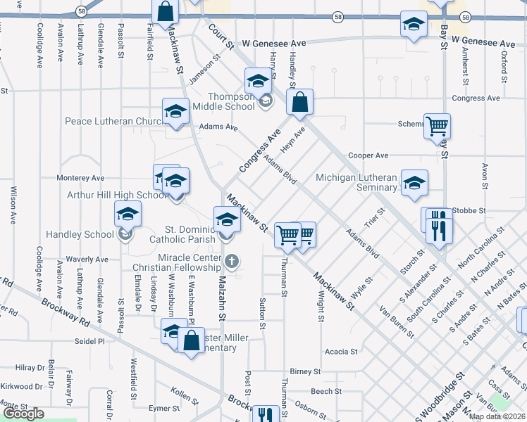map of restaurants, bars, coffee shops, grocery stores, and more near 310 Reynick Avenue in Saginaw