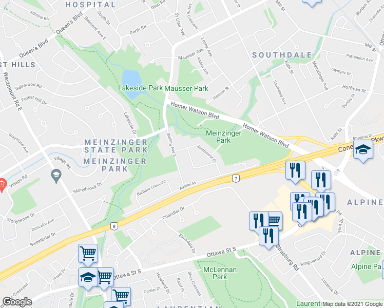 map of restaurants, bars, coffee shops, grocery stores, and more near 15 Yager Avenue in Kitchener