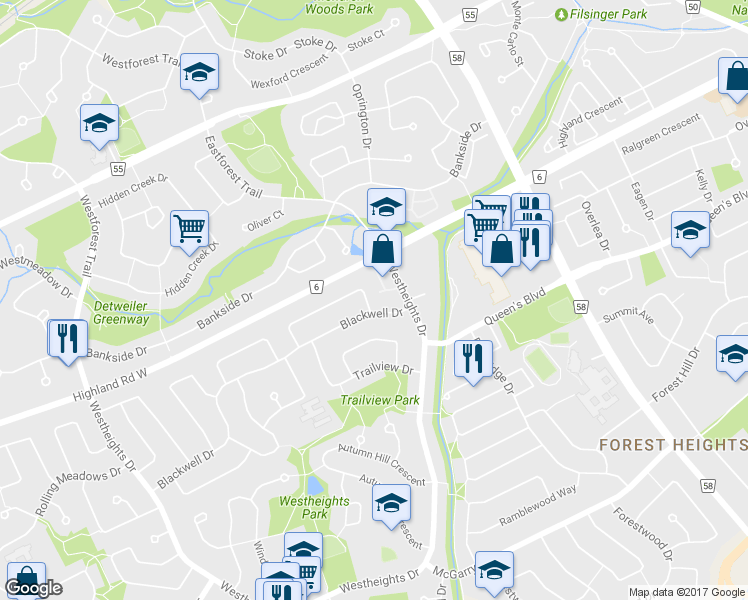 map of restaurants, bars, coffee shops, grocery stores, and more near 6 Monteagle Crescent in Kitchener