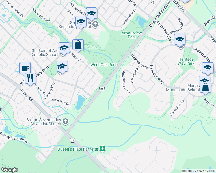 map of restaurants, bars, coffee shops, grocery stores, and more near 2300 Upper Middle Road West in Oakville