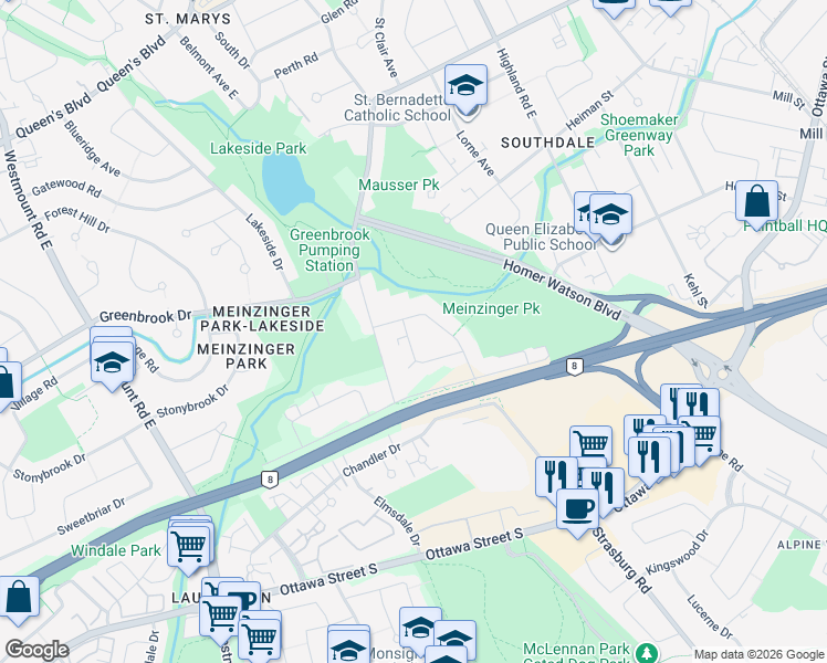 map of restaurants, bars, coffee shops, grocery stores, and more near 15 Yager Avenue in Kitchener