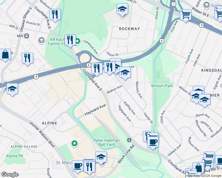 map of restaurants, bars, coffee shops, grocery stores, and more near 44 Walton Avenue in Kitchener