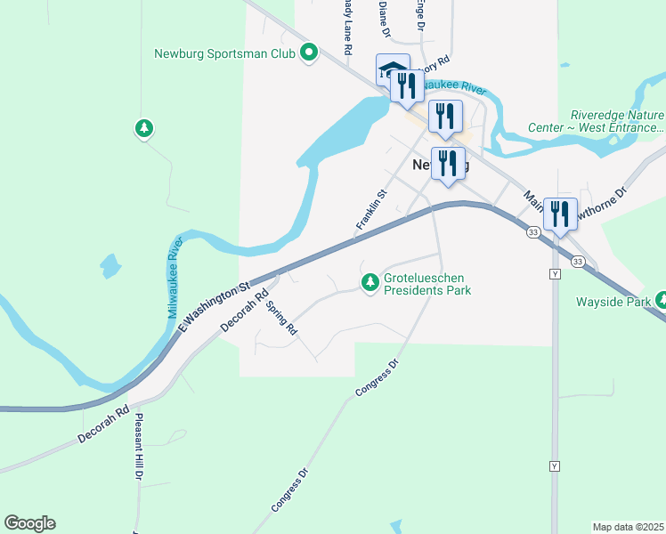 map of restaurants, bars, coffee shops, grocery stores, and more near 228 Cedar Court in West Bend