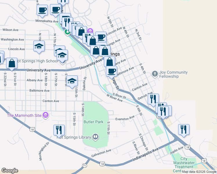 map of restaurants, bars, coffee shops, grocery stores, and more near 315 South River Street in Hot Springs