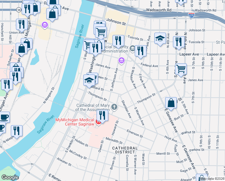 map of restaurants, bars, coffee shops, grocery stores, and more near 429 Millard Street in Saginaw