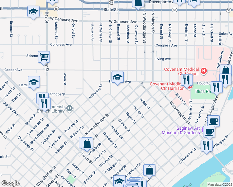 map of restaurants, bars, coffee shops, grocery stores, and more near 709 North Bates Street in Saginaw