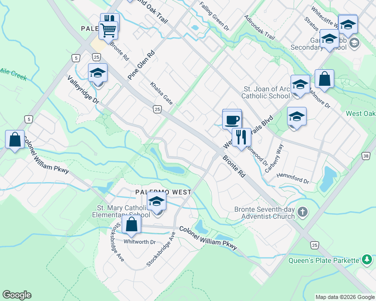 map of restaurants, bars, coffee shops, grocery stores, and more near Lyness Avenue in Oakville