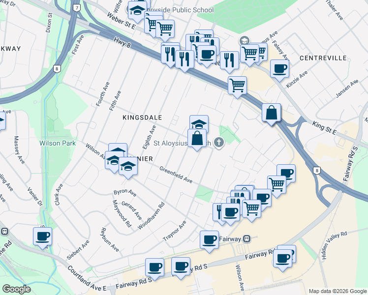map of restaurants, bars, coffee shops, grocery stores, and more near in Kitchener