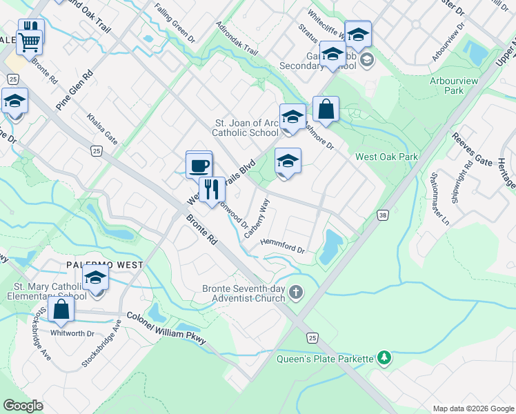 map of restaurants, bars, coffee shops, grocery stores, and more near 2481 Carberry Way in Oakville