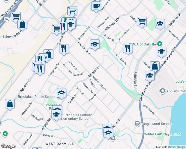 map of restaurants, bars, coffee shops, grocery stores, and more near 1042 Bridge Road in Oakville