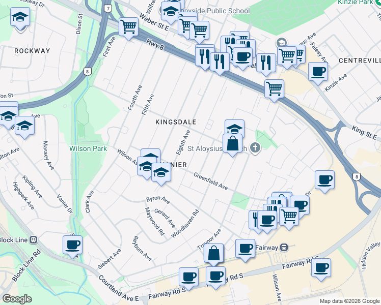map of restaurants, bars, coffee shops, grocery stores, and more near 168 Ninth Avenue in Kitchener