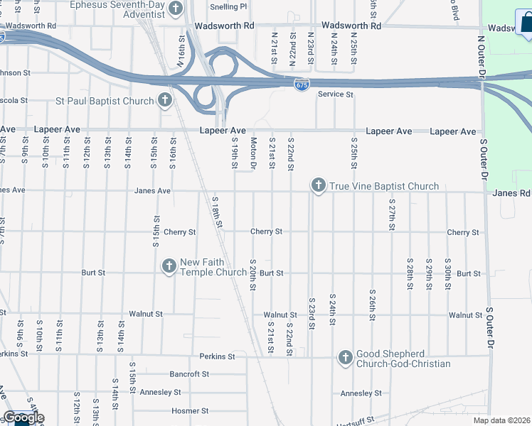 map of restaurants, bars, coffee shops, grocery stores, and more near 340 South 20th Street in Saginaw