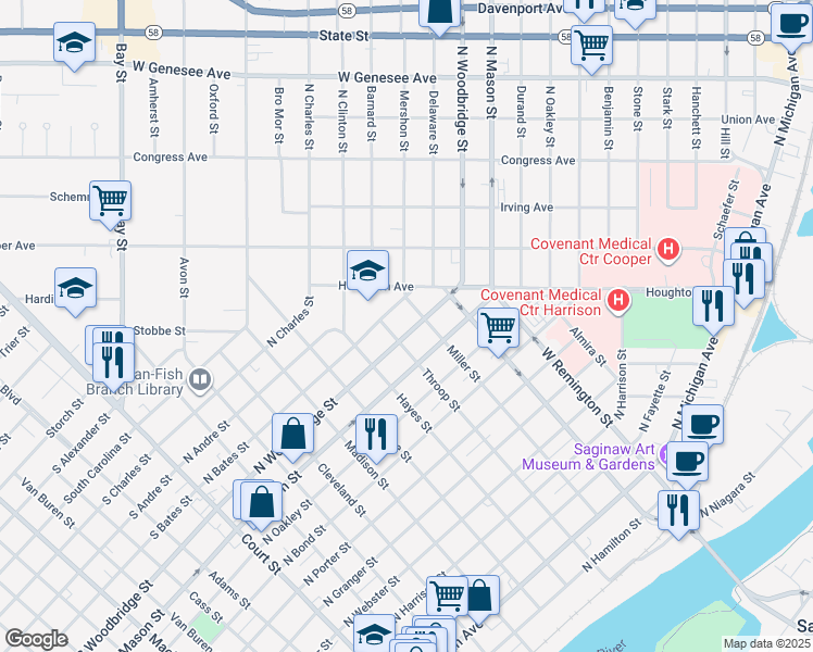 map of restaurants, bars, coffee shops, grocery stores, and more near 813 North Woodbridge Street in Saginaw
