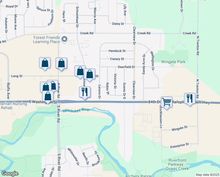 map of restaurants, bars, coffee shops, grocery stores, and more near 504 Victoria Street in West Bend
