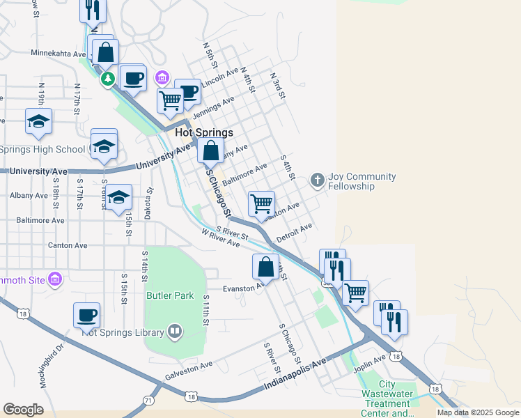 map of restaurants, bars, coffee shops, grocery stores, and more near 445 South Chicago Street in Hot Springs