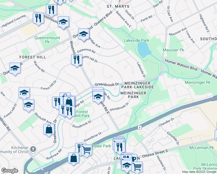 map of restaurants, bars, coffee shops, grocery stores, and more near 163 Village Road in Kitchener