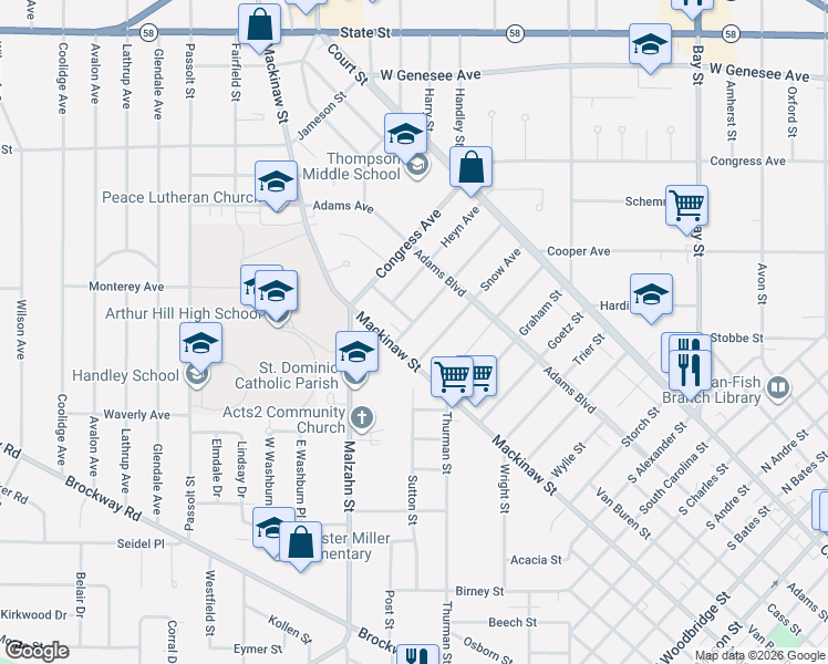 map of restaurants, bars, coffee shops, grocery stores, and more near 310 Reynick Avenue in Saginaw