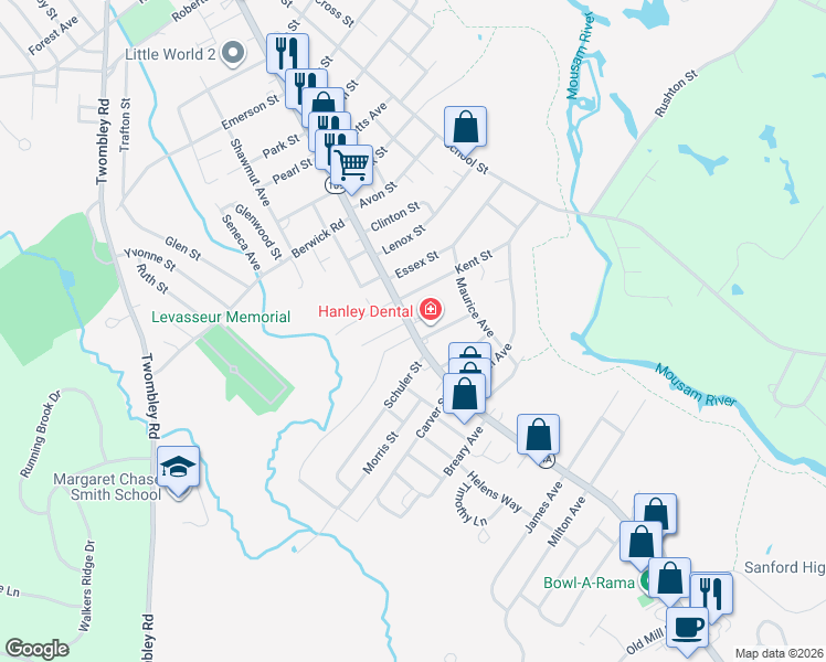 map of restaurants, bars, coffee shops, grocery stores, and more near 10 Stilson Street in Sanford