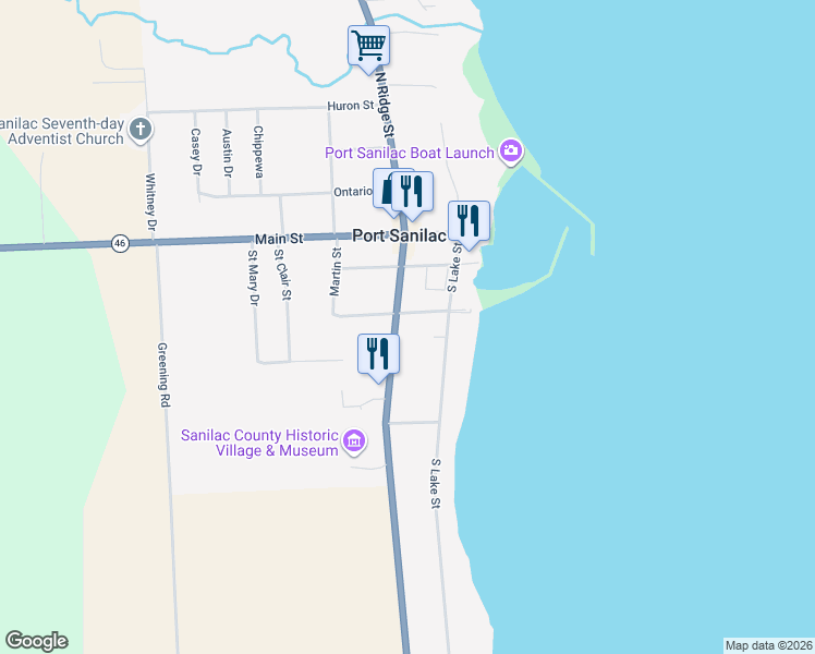 map of restaurants, bars, coffee shops, grocery stores, and more near 111 South Ridge Street in Port Sanilac