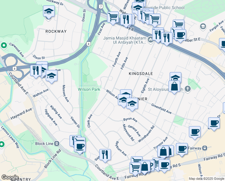 map of restaurants, bars, coffee shops, grocery stores, and more near 5th Avenue in Kitchener