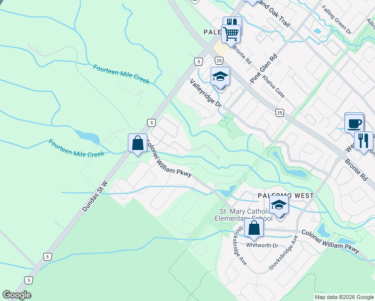map of restaurants, bars, coffee shops, grocery stores, and more near Chateau Common in Oakville