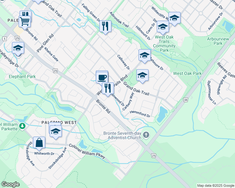 map of restaurants, bars, coffee shops, grocery stores, and more near 2153 Baronwood Drive in Oakville