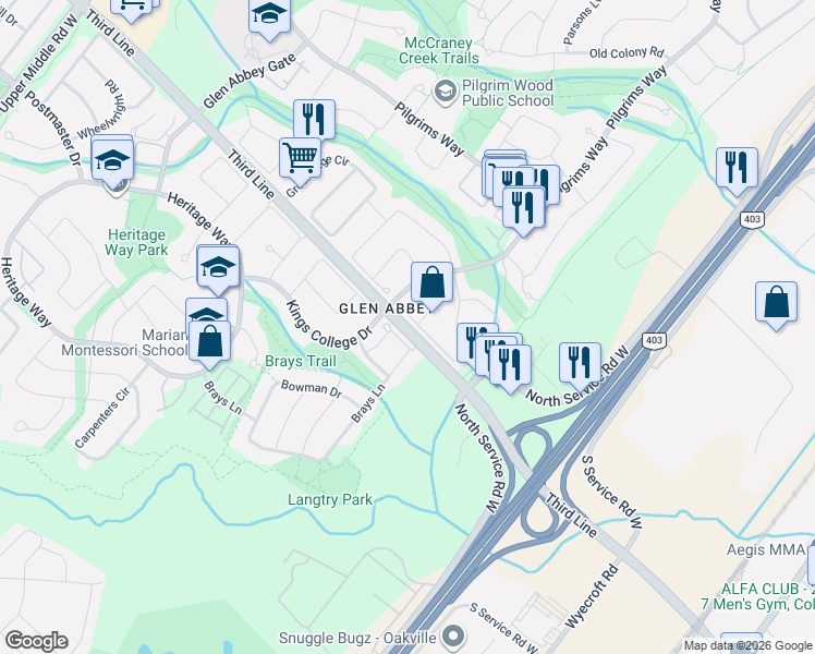 map of restaurants, bars, coffee shops, grocery stores, and more near Third Line in Oakville