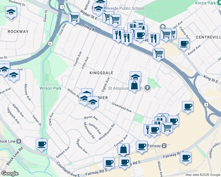 map of restaurants, bars, coffee shops, grocery stores, and more near 168 9th Avenue in Kitchener