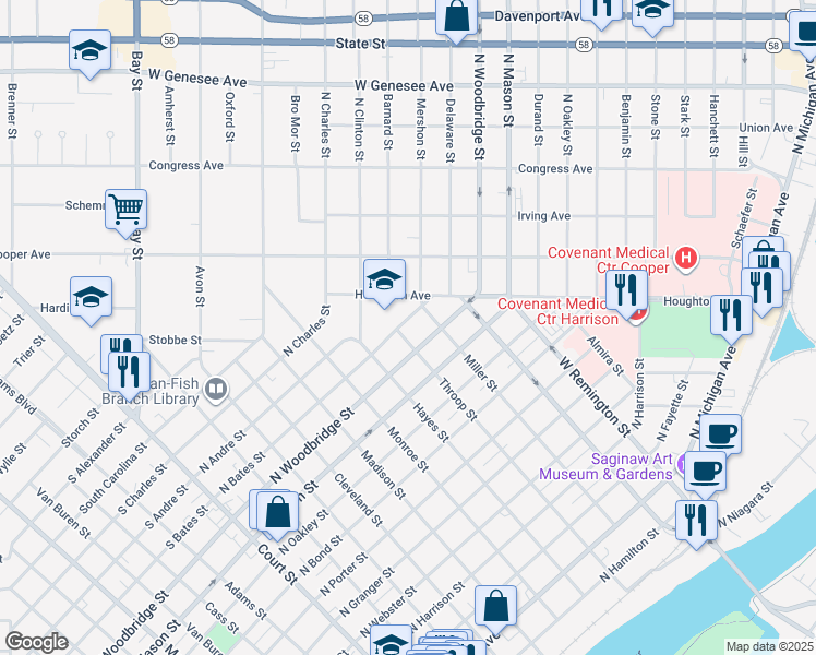 map of restaurants, bars, coffee shops, grocery stores, and more near 813 North Woodbridge Street in Saginaw