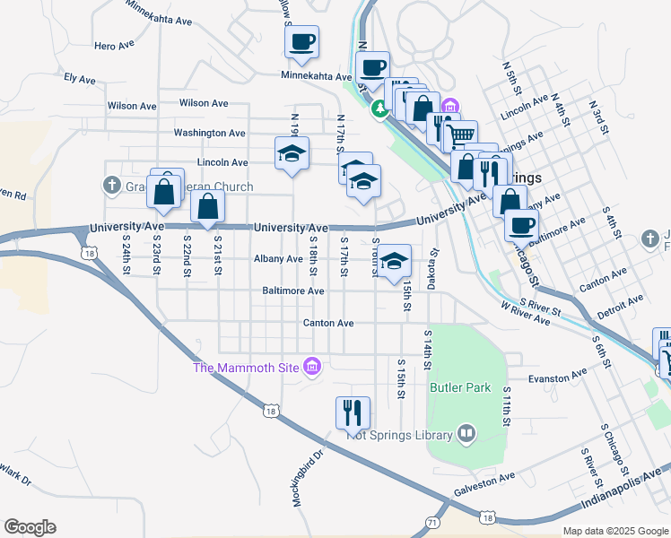 map of restaurants, bars, coffee shops, grocery stores, and more near 201-299 South 17th Street in Hot Springs