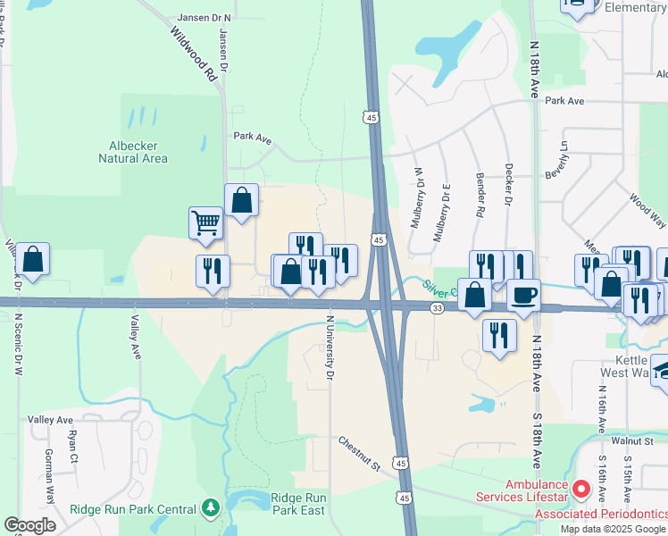 map of restaurants, bars, coffee shops, grocery stores, and more near 511 Marshall Court in West Bend