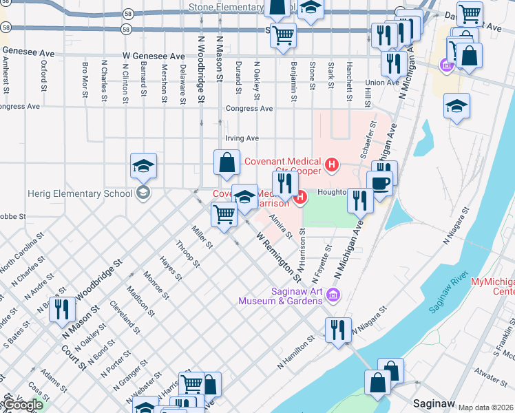 map of restaurants, bars, coffee shops, grocery stores, and more near 1101 N Bond St in Saginaw