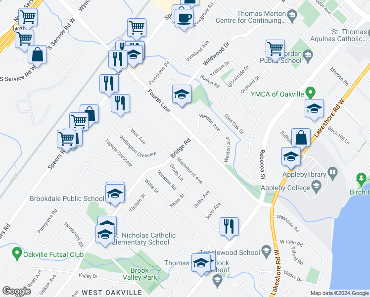 map of restaurants, bars, coffee shops, grocery stores, and more near 1026 Bridge Road in Oakville