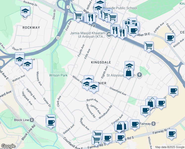 map of restaurants, bars, coffee shops, grocery stores, and more near 204 Franklin Street South in Kitchener