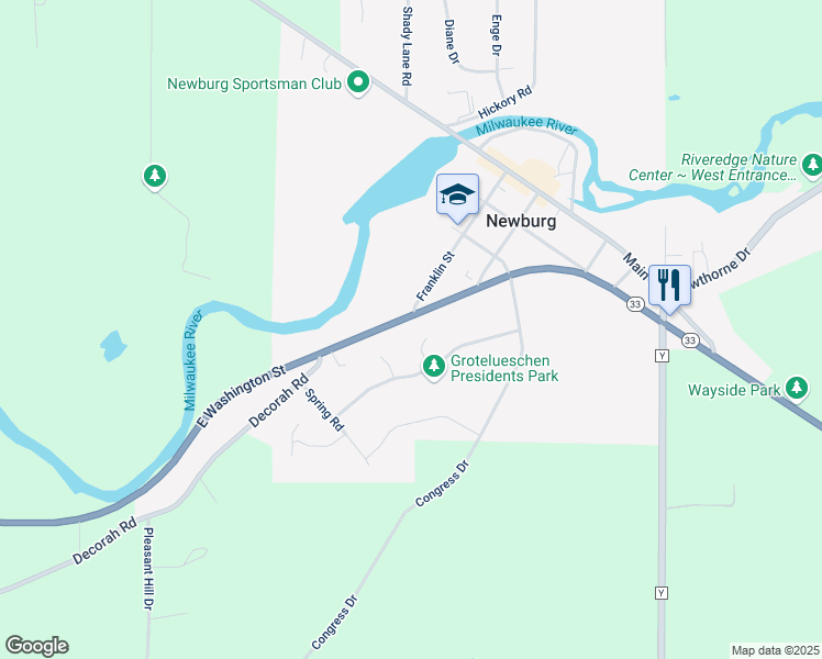 map of restaurants, bars, coffee shops, grocery stores, and more near 228 Cedar Court in West Bend