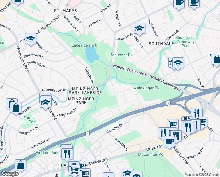 map of restaurants, bars, coffee shops, grocery stores, and more near 768 Stirling Avenue South in Kitchener