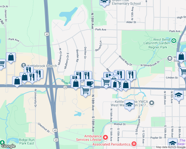map of restaurants, bars, coffee shops, grocery stores, and more near 530 North 18th Avenue in West Bend
