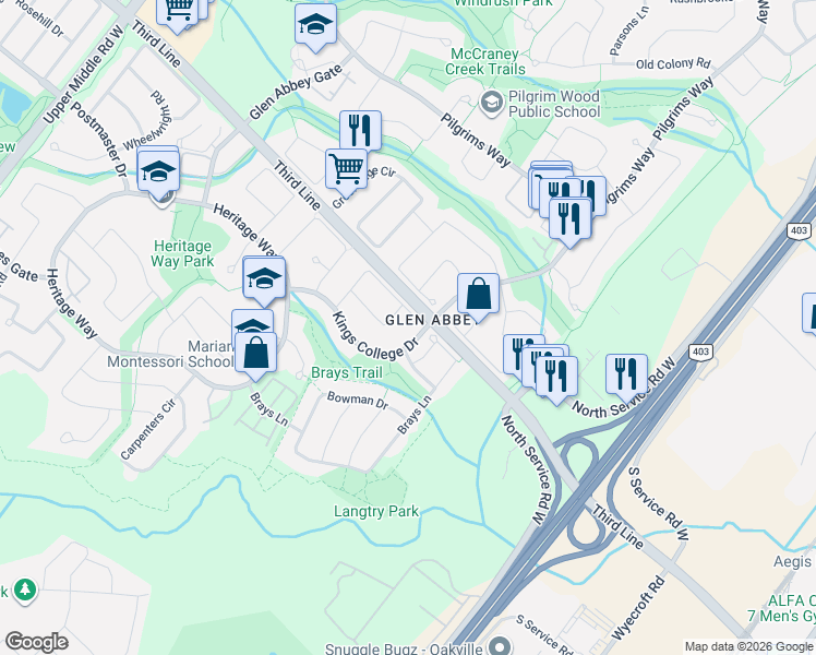 map of restaurants, bars, coffee shops, grocery stores, and more near 1238 Playter Place in Oakville