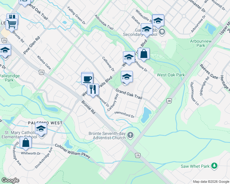 map of restaurants, bars, coffee shops, grocery stores, and more near 2463 Carberry Way in Oakville