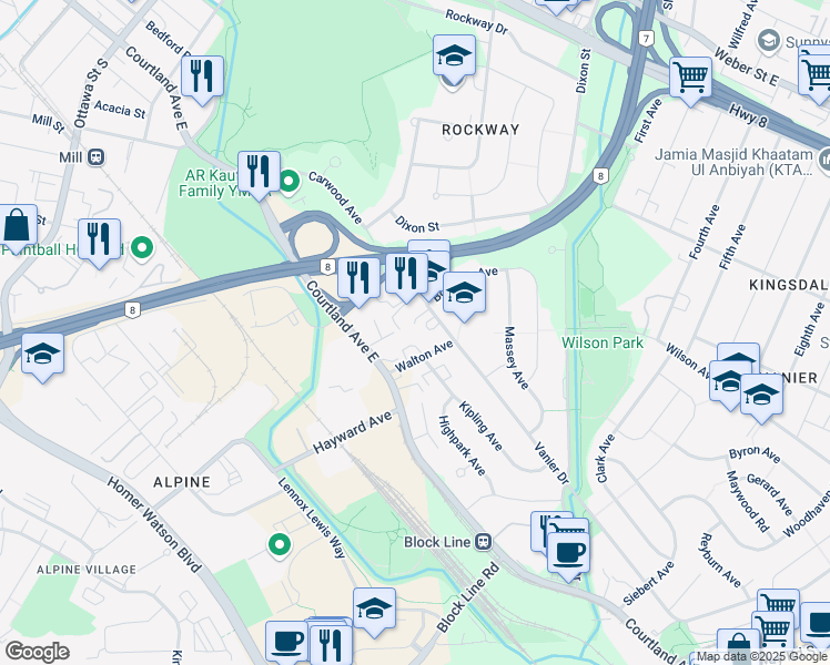map of restaurants, bars, coffee shops, grocery stores, and more near in Kitchener