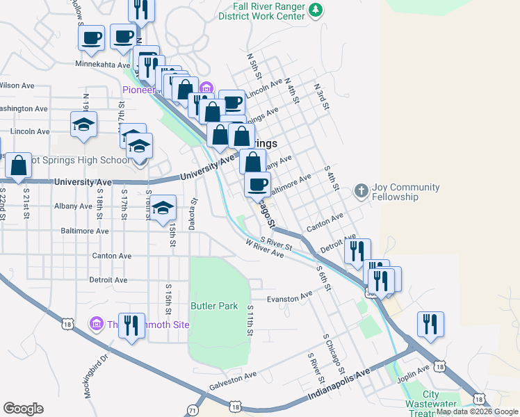 map of restaurants, bars, coffee shops, grocery stores, and more near 346 South Chicago Street in Hot Springs