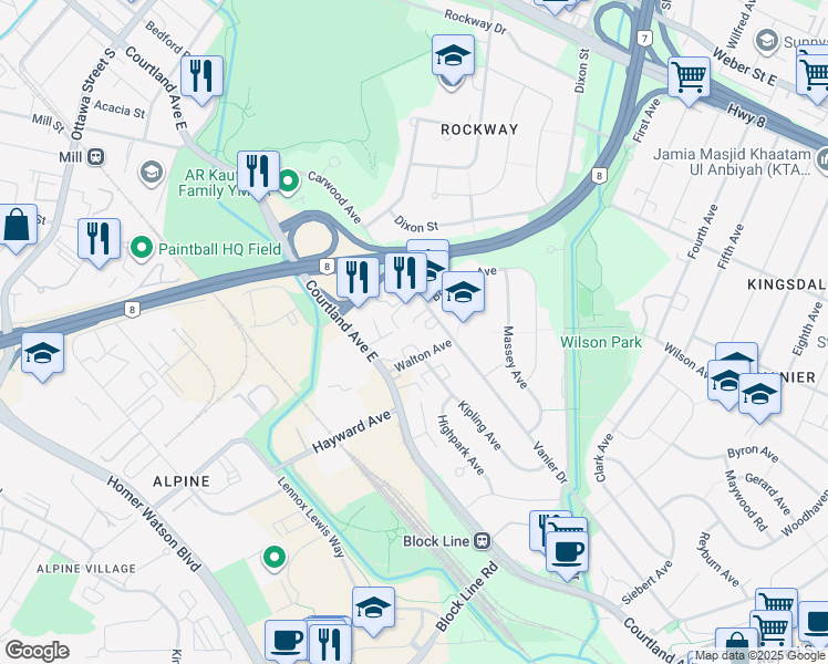 map of restaurants, bars, coffee shops, grocery stores, and more near 71 Vanier Drive in Kitchener